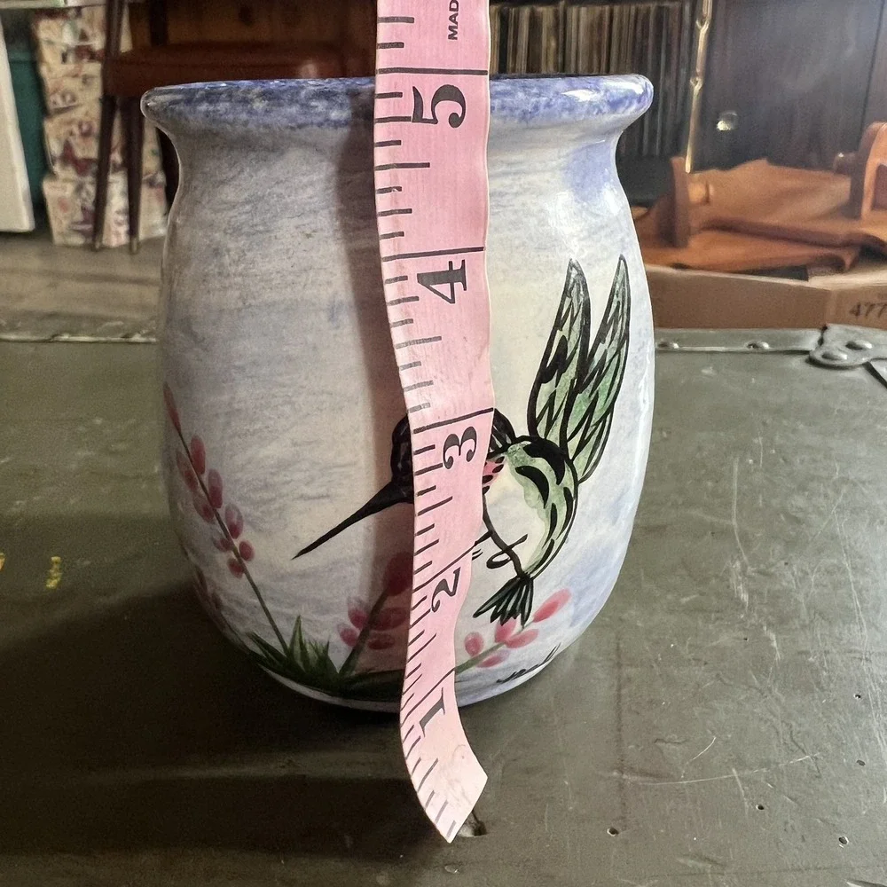 Nola Watkins Collection Hand Painted Pottery Hummingbird Candle Holder~ SIGNED